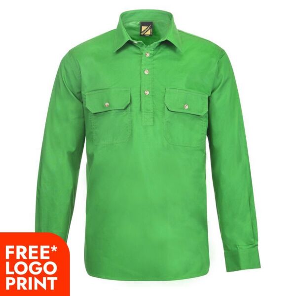 Mens Lightweight Long Sleeve Half Placket Cotton Drill Shirt With Contrast Buttons Thumbnail