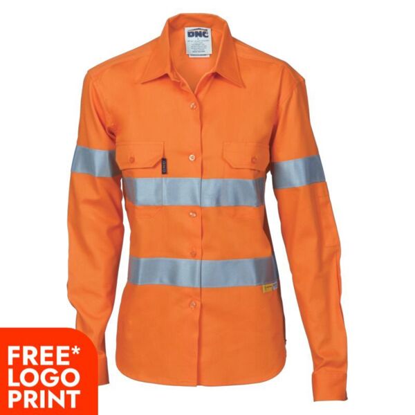 Womens HiVis Cool-Breeze Cott on Shirt with 3M R/Tape - Long sleeve Thumbnail